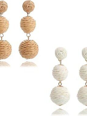 NEW 2 Pairs Handmade Raffia Rattan Bohemian Round Drop Dangle Earrings Boho